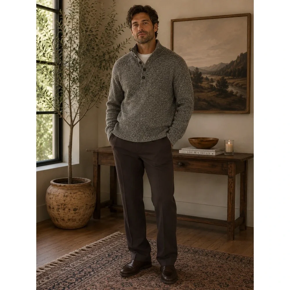 Banana Republic Sweater Mens XL Gray Marled Mock Neck Button Eco Knit